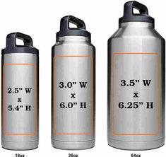 three stainless steel water bottles with measurements