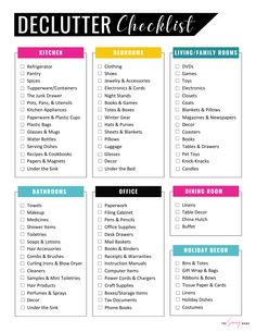 a printable declutter checklist with the words, living room and dining rooms