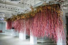 some pink flowers hanging from the ceiling in an office building with white columns and concrete flooring