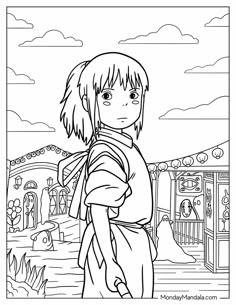 an anime character with long hair standing in front of a building and looking at the sky