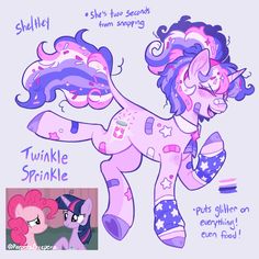 a pinkie pony with purple hair and stars on it's chest, next to a