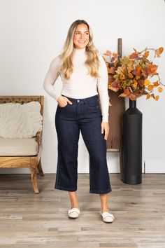 Product Details Color/Wash: Dark Wash Rise: High Rise Style: Crop Wide Leg Jeans Brand: Judy Blue Material and Care 92% Cotton 6% Polyester 2% Spandex Hand Wash Cold Tumble Dry Low Size and Fit 0/24 Rise 10" Inseam 24.5" 1/25 Rise 10.5" Inseam 24.5" 3/26 Rise 10.5" Inseam 24.5" 5/27 Rise 11" Inseam 24.5" 7/28 Rise 11" Inseam 24.5" 9/29 Rise 11" Inseam 24.5" 11/30 Rise 11.5" Inseam 24.5" 13/31 Rise 12" Inseam 24.5" 15/32 Rise 12" Inseam 24.5" 14W=34 Rise 12" Inseam 24.5" 16W=36 Rise 12" Inseam 24 Crop Wide Leg Jeans, High Rise Style, Cropped Wide Leg Jeans, Knit Denim, Side Braid, Wide Jeans, Outerwear Outfit, Judy Blue Jeans, Dark Jeans