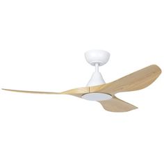 a white ceiling fan with wooden blades and a light on the top, against a white background