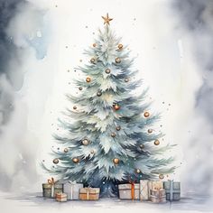 a watercolor painting of a christmas tree with presents under it and stars on the top