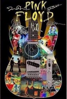 the pink floyd guitar is surrounded by many different pictures and words, including an image of a