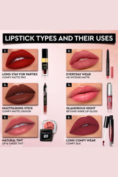 Lipstick Types, Lipstick Names, Best Long Lasting Lipstick, Too Faced Lipstick, Lipstick Style, Hairstyles Inspiration, Lip Gloss Cosmetics, Black Glamour, Artist Tips