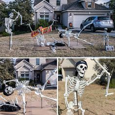 three pictures of skeleton statues in front of a house