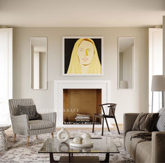 Modern White Fireplace Mantel Surround made from cast stone by Artisan Kraft in a modern transitional living room apartment loft in New York City. Modern White Fireplace, White Fireplace Mantel, Adu Designs, White Fireplace Mantels