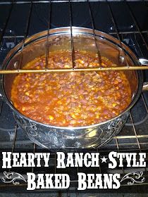 a pot filled with beans cooking on top of an open oven door next to the words hearty ranch style baked beans