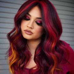 Chunky Highlight, Autumn Hairstyles, Exotic Hair Color, Exotic Hair, Chunky Blonde Highlights, Red Balayage Hair, Vivid Hair, Highlight Ideas, Sunset Hair