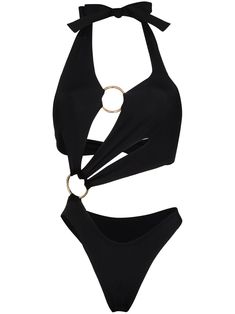 Black stretch-jersey Sex Wax halterneck cutout swimsuit from Louisa Ballou featuring halterneck tie fastening, cut-out detailing and ring hardware detailing. Be mindful to try on swimwear over your own garments. We don't mind what you do after!. Louisa Ballou, Cutout Swimsuit, Halter Neck Swimsuit, Cut Out Swimsuits, Costume Intero, Swimwear Dress, Designer Swimwear, Beachwear For Women, Black Swimsuit