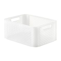 a white plastic basket with handles