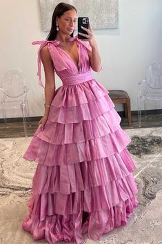 August | Glitter Tie Straps Pink Plunging Neck Tiered Long Prom Dress Fairy Ball Gown, Prom Dresses For Sale, Dream Dresses, Plunging Neck, Pink Prom, Pink Gowns, A Line Prom Dresses, Pleated Bodice, Pink Tulle