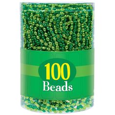 green beads in a plastic container with the words 100 beads written on it's side