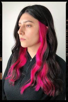 Black and Pink Hair Color Idea Black With Under Color Hair, Neon Pink Peekaboo Hair, Hot Pink Peak A Boo Hair, Pink And Black Peekaboo Hair, Bright Pink Underneath Hair, Bright Color Underneath Hair, Hot Pink Underneath Hair Brown, Bright Pink Peekaboo Hair