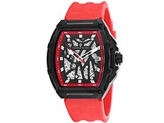 Stainless steel case, Rubber strap, Black dial, Automatic movement, Scratch resistant mineral, Water resistant up to 5 ATM - 50 meters - 165 feet //  CV6197 Modern Red Watch With Rectangular Dial, Modern Red Rectangular Watch, Red Watch With 10atm Water Resistance And Round Dial, Red Outdoor Watch With 10atm Water Resistance, Red Chronograph Watch With Subdials For Outdoor, Red Analog Outdoor Watch, Red Outdoor Analog Watch, Red Outdoor Watch With Subdials, Mineral Water