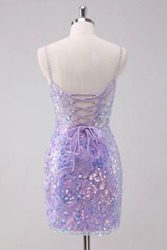 Amzcw Sparkly Purple Bodycon Spaghetti Straps Short Homecoming Dress with Sequins Purple Dress With Adjustable Spaghetti Straps, Purple Spaghetti Strap Dress With Corset Back, Purple Homecoming Dress With Corset Back, Purple Sequined Spaghetti Strap Dress, Purple Spring Dresses With Corset Back, Spring Purple Dress With Corset Back, Purple Party Dresses With Straps, Purple Fitted Dresses With Adjustable Straps, Fitted Purple Dress With Adjustable Straps