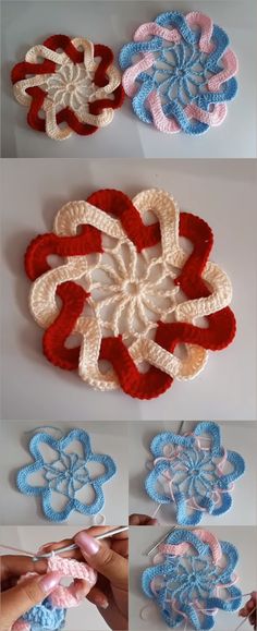 crocheted flowers are being made with yarn