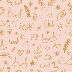 a pink and gold background with various hand drawn symbols on it, including leaves, flowers, hearts, birds, arrows, stars