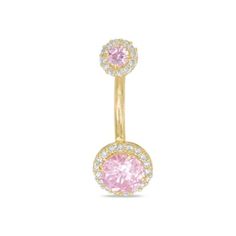 a yellow gold belly ring with pink and white stones on it's end, in front of a white background