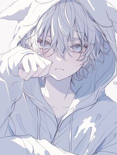 an anime character with long hair and blue eyes, wearing a hoodie over his head