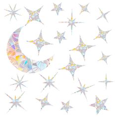 the moon and stars are arranged in an abstract pattern on a white background, as well as multicolored shapes