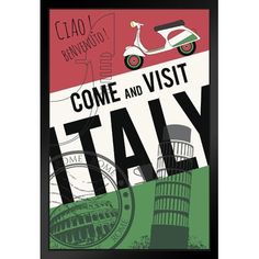 a poster with the words come and visit italy on it's back side, in front of an image of a vespa scooter