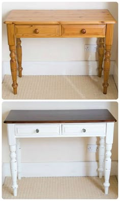 two different views of a table with drawers