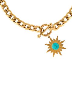 Materials: Turquoise stone Stainless steel 18k gold plated Measurements: L 17.3" (44 cm)PendantL 1" (2.7 cm)W 0.9" (2.4 cm) Closure:Toggle clasp Allergy information: Hypoallergenic. All of our products are in line with the Jewelry Quality Assurance standards. Care Instructions: Keep jewelry away from any moisture and liquid cosmetics and water. We suggest storing your jewelry separately in a soft pouch when not being used. Gold Turquoise Necklace With Lobster Clasp, Gift, Turquoise Necklace With Adjustable Chain, Turquoise Chain Necklace With Adjustable Chain As Gift, Gift Turquoise Chain Necklace With Adjustable Chain, Turquoise Gold-plated Necklace With Adjustable Chain, Turquoise Gold Plated Necklace With Adjustable Chain, 18k Gold Chain, Sun Pendant, Keep Jewelry