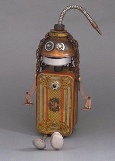 an old fashioned robot is standing next to two eggs on a gray background with one egg in the foreground