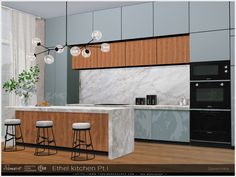 an image of a kitchen setting with marble counter tops and stools in the foreground