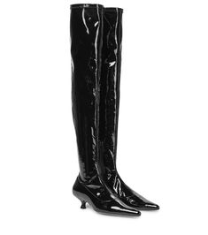 Every contemporary capsule wardrobe needs a pair of over-the-knee boots, like the black Volos design from KHAITE. Debuted in the label's Pre-Fall '21 collection, they're made in Italian from stretch-fused lambskin patent leather with a second-skin fit, point toes and sculptural kitten heels. | KHAITE Volos patent leather over-the-knee boots Fitted Thigh High Patent Leather Boots, Fall Patent Leather Knee-high Boots, Patent Leather Knee-high Boots For Fall, Fall Patent Leather Knee-high Heeled Boots, Fitted Patent Leather Knee-high Boots With Pointed Toe, Sleek Patent Leather Knee-high Boots For Fall, Knee-high Patent Leather Heeled Boots For Fall, Fall Knee-high Patent Leather Heeled Boots, Leather Over The Knee Boots