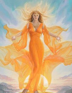 a painting of a woman in an orange dress with her arms spread out and hands outstretched