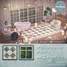 an image of a bathroom with candles on the floor and in front of it is a checkerboard pattern