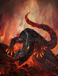 an artistic painting of a dragon in the middle of a fire filled area with lava