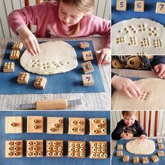 a collage of photos showing how to play with wooden blocks and numbers on the table