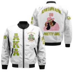 Personalized Alpha Kappa Alpha Bomber Jackets White Color Pretty Girls Ver 2 Style, Explore Shamrock Stitch's premium jackets, crafted with a soft polyester blend and comfortable lining. Experience lasting color vibrancy with our advanced dye technique. Enjoy easy wear with quality zippers and a classic ribbed design, perfect for any season. Durable, wrinkle-resistant, and stylish for everyday use. Fitted White Outerwear With Letter Print, White Fitted Outerwear With Letter Print, Fitted White Outerwear For School, Fitted Hooded Outerwear With Letter Print, Sorority Paraphernalia, Alpha Kappa Alpha Sorority Paraphernalia, Ladies Style, Alpha Female, Alpha Kappa Alpha