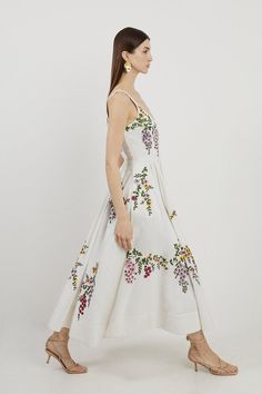 Feel Formal In Our Prom Dress, With A Universally Flattering Fit And Flare Silhouette, A Straight Neckline Which Highlights The Décolletage, And Floral Embroidery Which Brings A Splash Of Colour. Style This Piece With Dancefloor-Friendly Block Heels. Floral Embroidered Cotton Linen Woven Prom Dress  High Quality Linen Fabric Statement Corset Style Straight Neckline Formal, Flowing Skirt Feminine Floral Embroidery Scoop Back Design Zip Fastening In Back Berry Flowers, Hen Do Outfits, Heels Floral, Linen Embroidery, Spring Wedding Guest Dress, Petite Business Casual, Ibiza Outfits, Bachelorette Outfits, Floral Shirt Dress