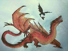 a drawing of a dragon and a bird flying in the sky