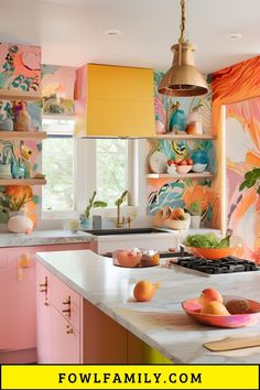 a kitchen with pink cabinets and colorful wallpaper on the walls is featured in this post