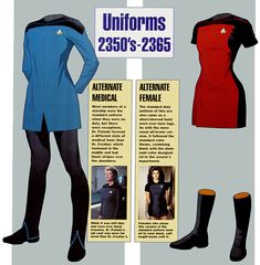 an advertisement for the star trek uniform, with information about it and pictures of women's uniforms