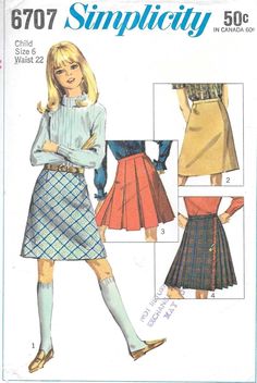 Simplicity 6707 Sewing Pattern  @1966 - Girls' Set of Skirts -  The A-line and box pleat skirts have side zipper and elastic encased in back of waistband. -  Kilt-type skirt has top-stitched, pressed pleats, elastic encased in back of waistband and decorative pin and fringe trim. Size - Girls' 6  Waist - 22  in Condition - The pattern is complete, cut and in excellent condition.  All patterns are carefully counted, ironed and stored in archival quality plastic sleeves, then shipped to you in bubble wrap mailers so they arrive in the best possible condition. There are no returns unless the pattern is not as described in the listing so please read the listing carefully. Let me know immediately if there is a problem with your order. Girls Skirt Patterns, Pleated Skirt Pattern, 70s Mode, 60s And 70s Fashion, Sewing Patterns Girls, Girls Skirt, Vintage Dress Patterns, Skirt Patterns Sewing, Retro Mode