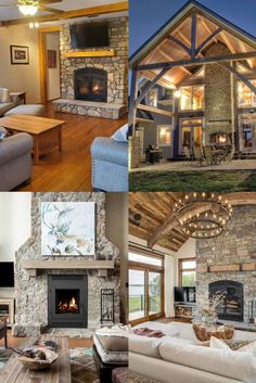 a collage of photos showing the inside of a house and living room with fireplaces