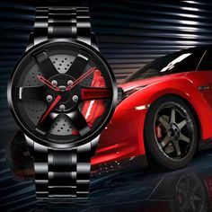 Watch Car Gtr Wheel Black Racing Watch With Analog Display, Racing Style Black Watches With Analog Display, Watch Car, Waterproof Sports Watch, Mens Sport Watches, Rims For Cars, Watch Fashion, Camping Bag, Sports Watch