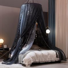 a bed with a black canopy over it