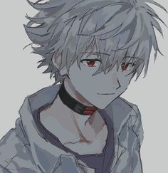 an anime character with grey hair and red eyes