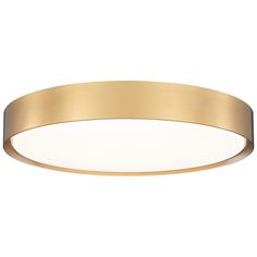 a round light fixture with a gold finish and white glass diffuses on the ceiling