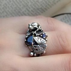 Attention Frog Lovers! Charming 925 Silver & Blue Sapphire Frog & Lilly Pad Ring. Size 6. Arrives In A Gift Box. Frog Ring, Lily Ring, Frog Pattern, Finger Band, Lilly Pad, Hollow Ring, Fashion Rings Silver, Rhinestone Material, Simulated Diamond Rings