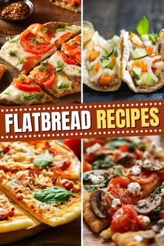 four different types of flatbread pizzas with various toppings