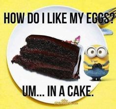 a plate with a piece of chocolate cake on it next to an angry minion